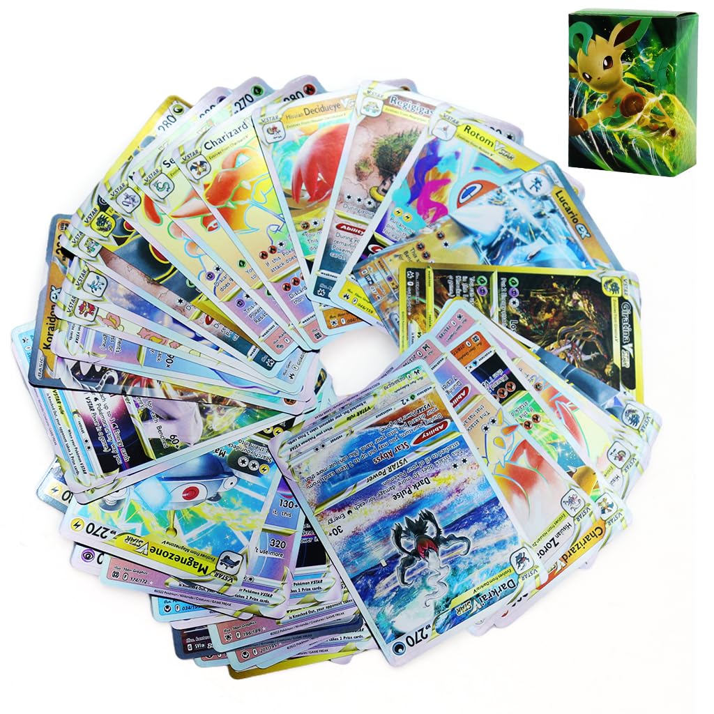 PATPAT Poke-mon Cards 100 Pcs Rainbow Poke-mon Cards Foil Game Card 85 VSTAR+New 15EX Color Foil Cards and Common/Rare Mystery Cards with Box, Poke-mon Toys Gifts for Boys Poke-mon Fans Unofficial PATPAT Poke-mon Cards 100 Pcs Rainbow Poke-mon Cards Foil Game Card 85 VSTAR+New 15EX Color Foil Cards and Common/Rare Mystery Cards with Box, Poke-mon Toys Gifts for Boys Poke-mon Fans Unofficial